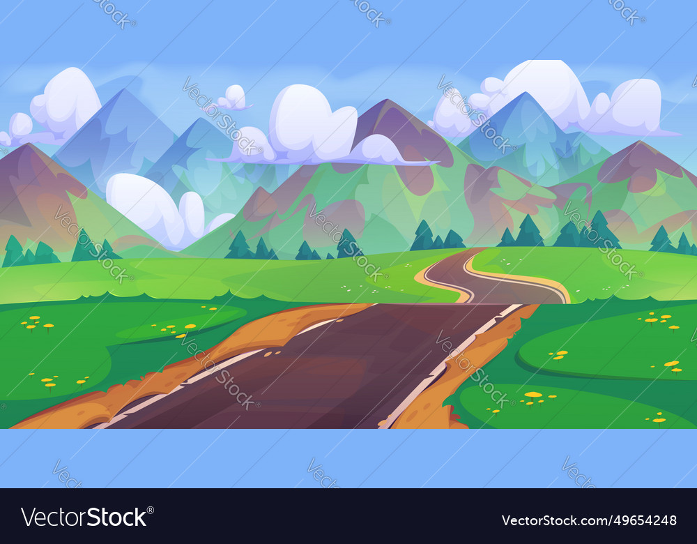 Empty curve road among green trees and mountains Vector Image