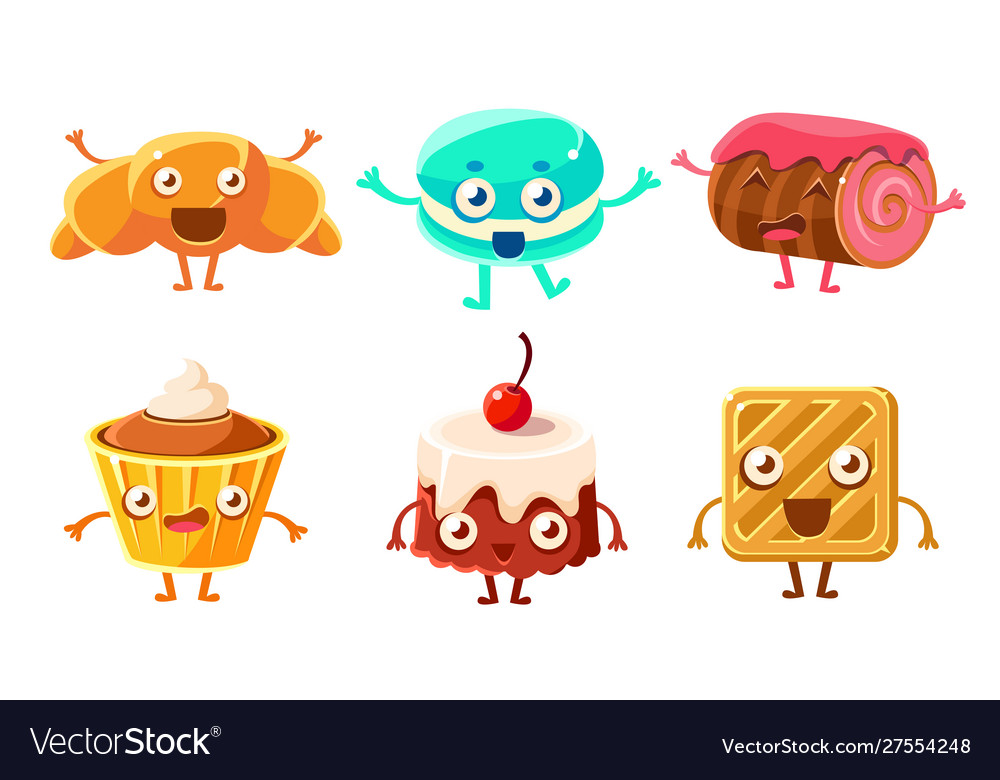 Funny desserts cartoon characters set croissant