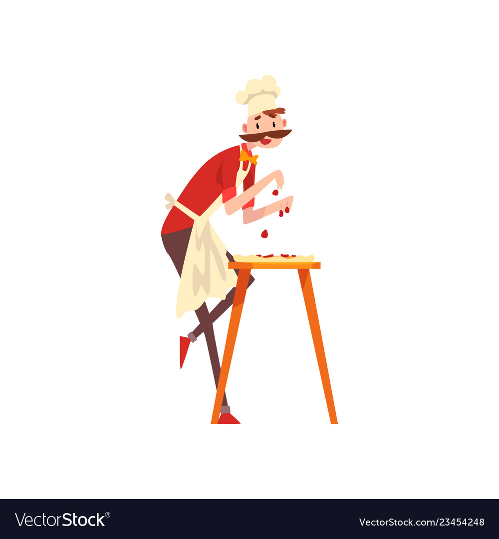 Male chef character making pizza stage