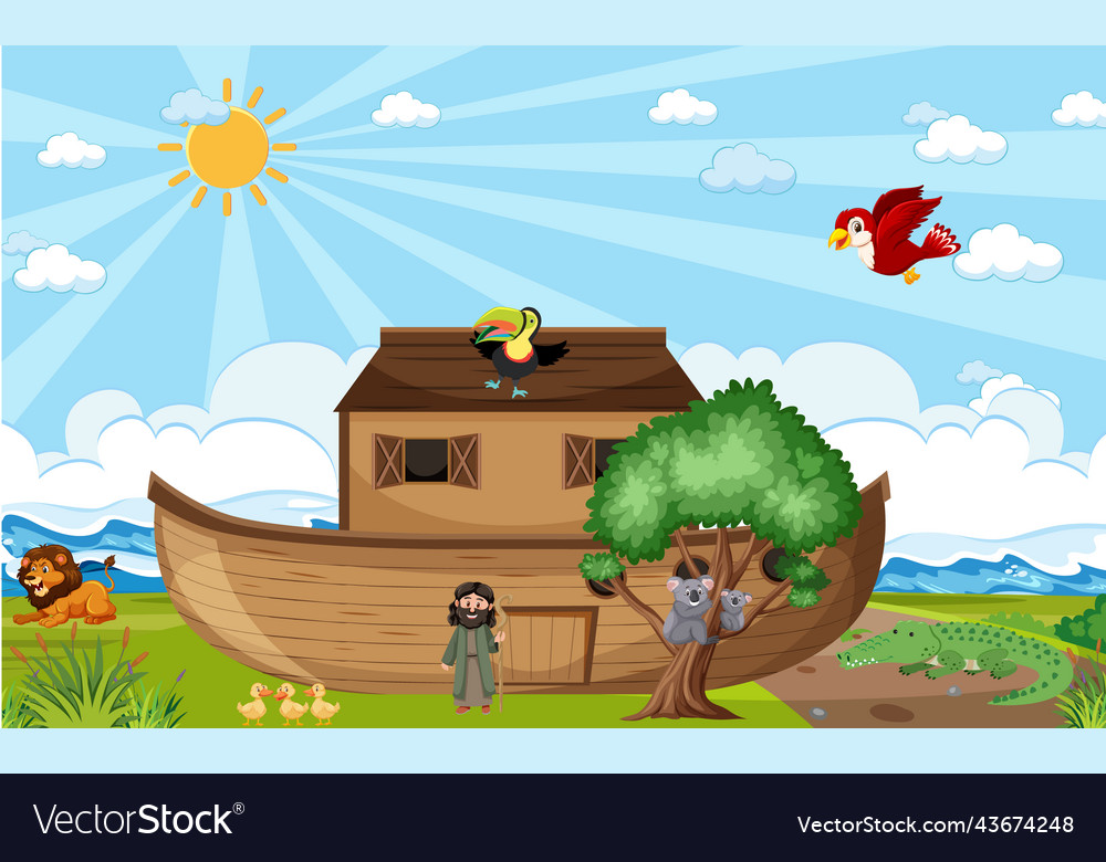 Noahs Ark With Wild Animals In Nature Scene Vector Image