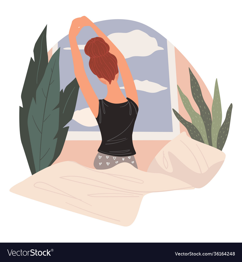 Woman Waking Up In Morning Stretching Female Vector Image