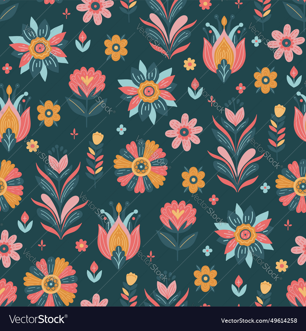 Seamless pattern of stylized flowers on a dark