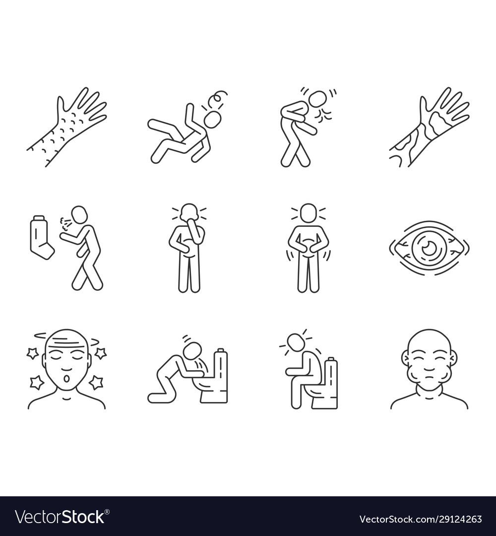 Allergy symptoms linear icons set