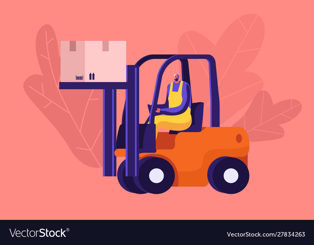 Worker lifting cargo on forklift machine