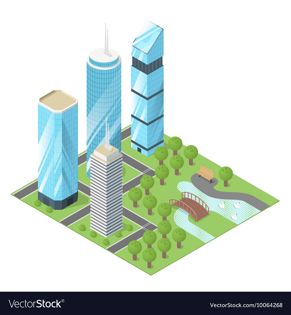 3d isometric of city buildings and park