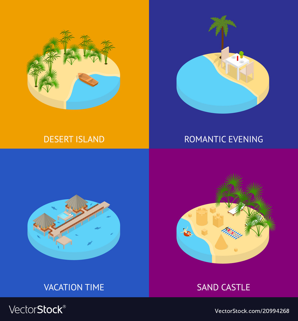 Beach Vacation Banner Card Set 3d Isometric View Vector Image