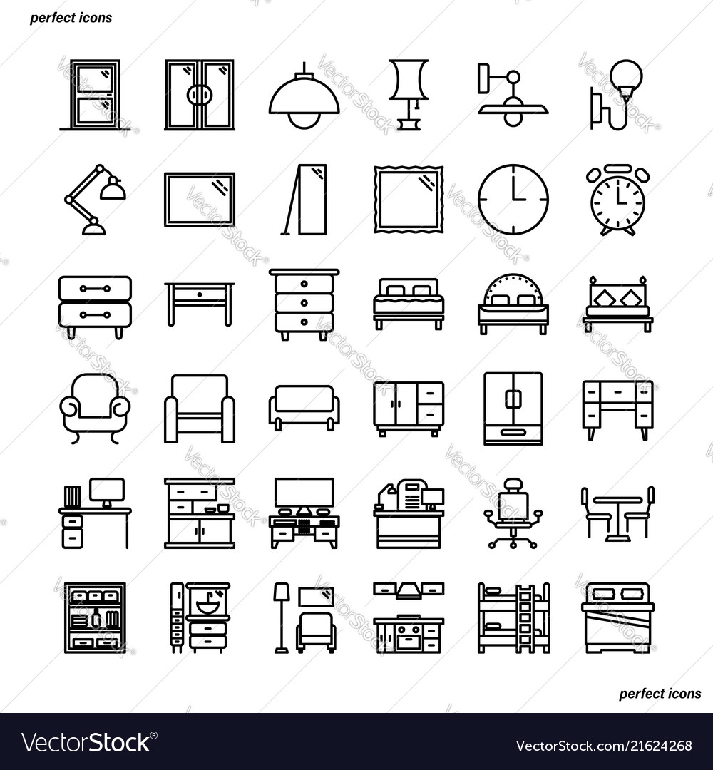 Furniture and home decoration outline icons Vector Image