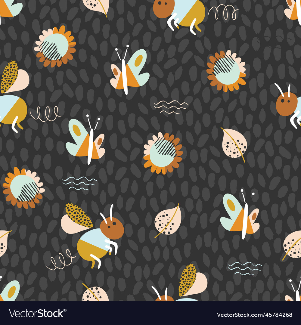 Stylized butterflies and honey bees seamless patte