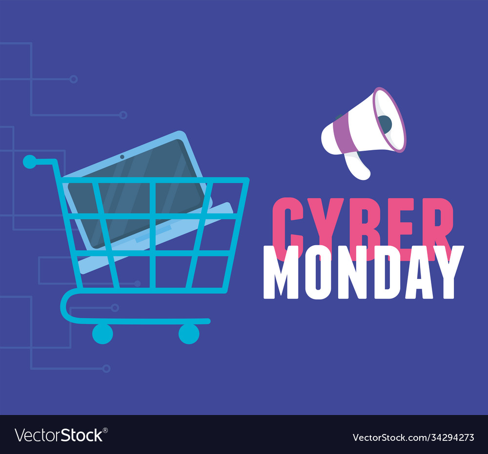 Cyber monday shopping cart with laptop