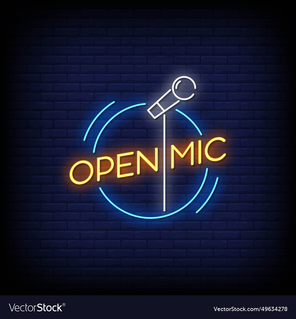 Neon sign open mic with brick wall background vect