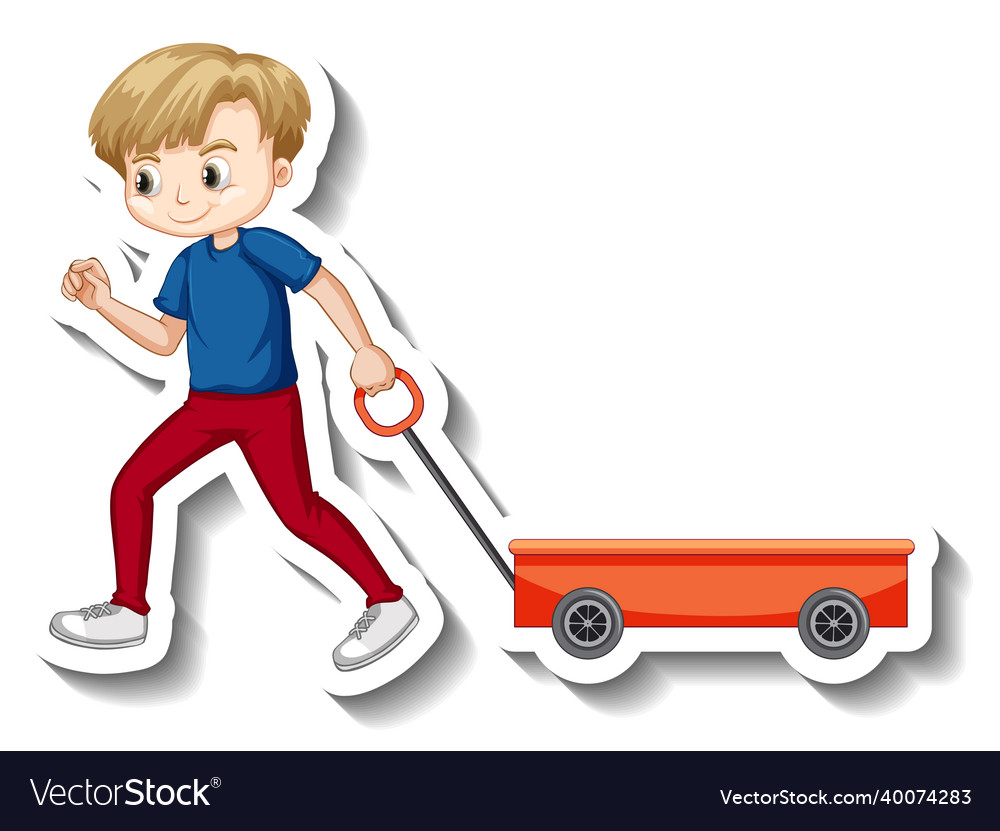 Boy pulling wagon cartoon character sticker