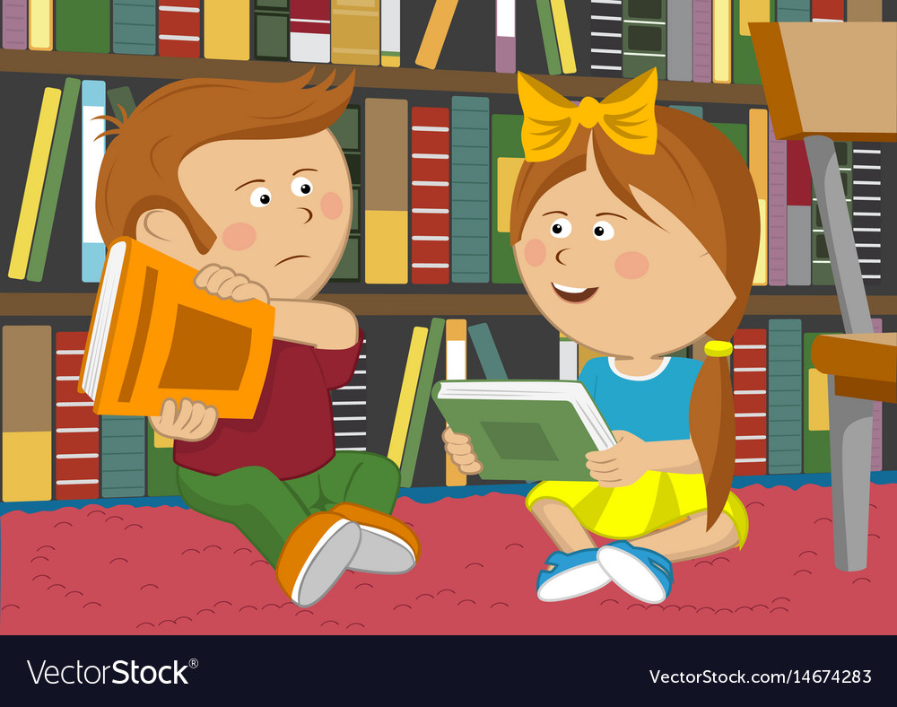 Little girl and boy sitting on floor in library