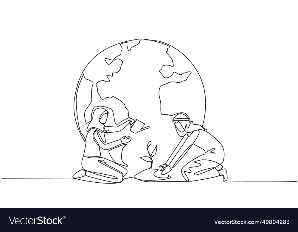 Single continuous line drawing arabian man holds Vector Image