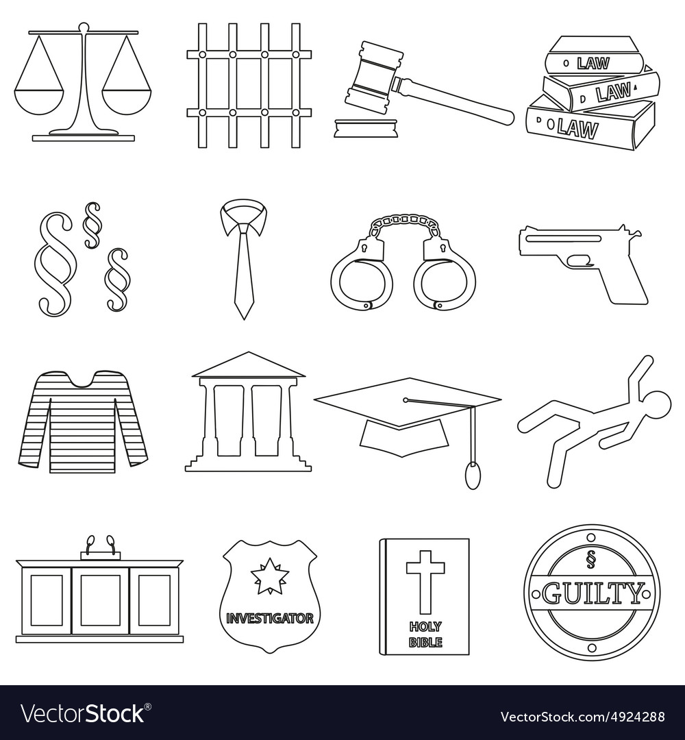 Justice and law black outline icons set eps10