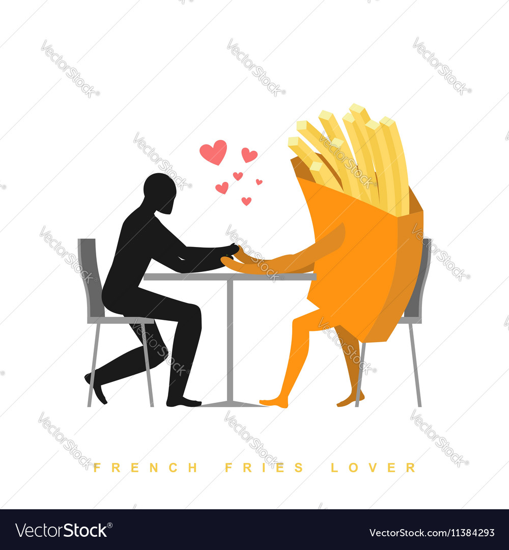 Lover french fries in cafe man and fast food