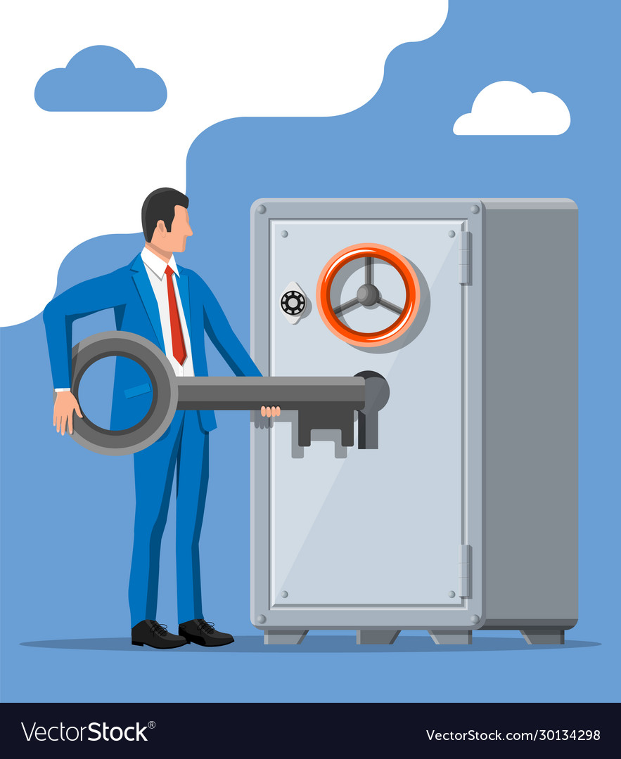 Businessman With Key Near Vault Room Safe Door Vector Image