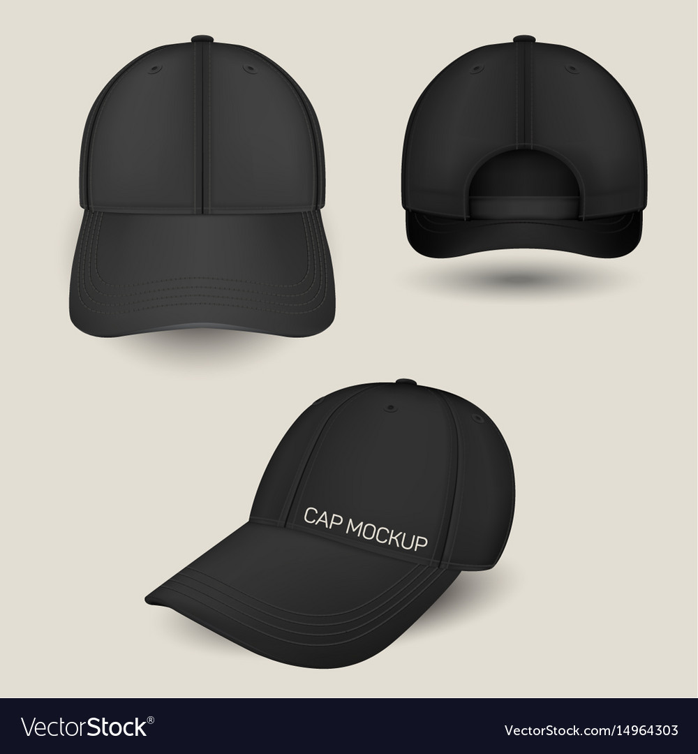 Download Black Caps Mockup In Front Side And Back Views Vector Image