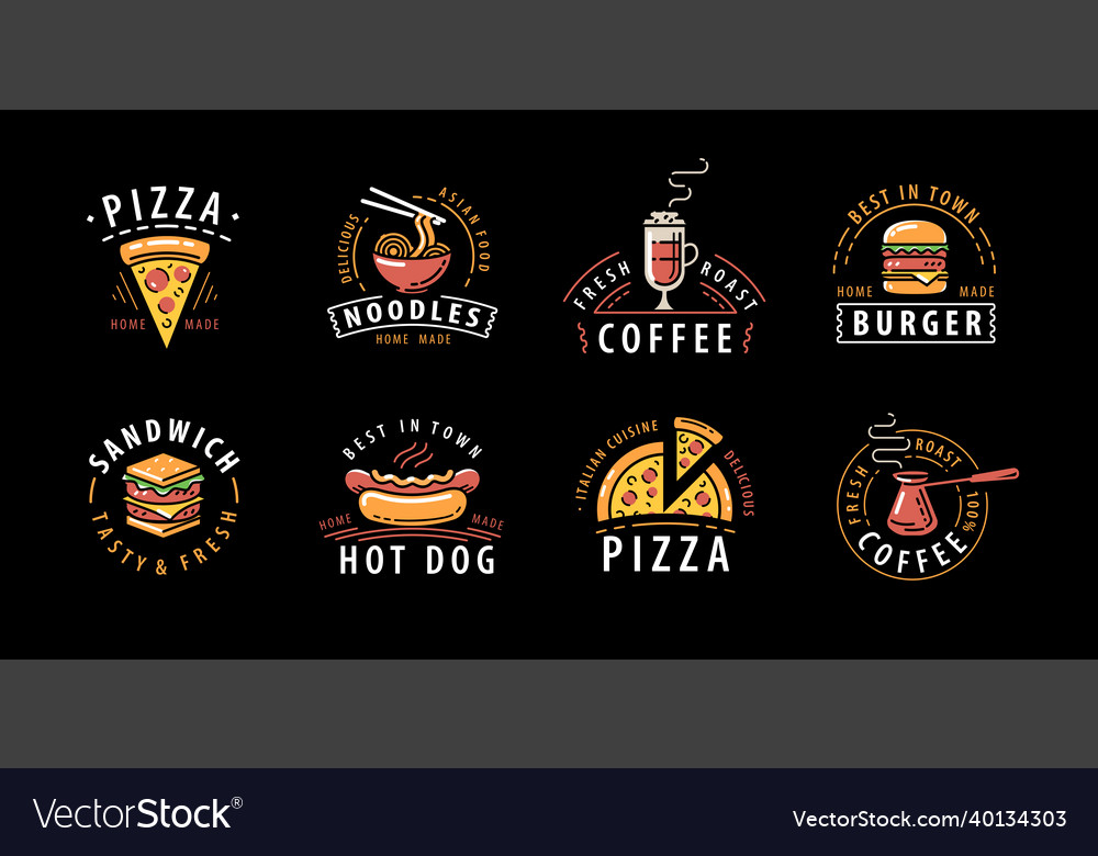 Food and drink set of labels on black background Vector Image