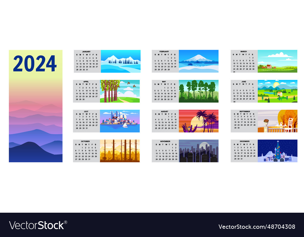 2024 calendar set of 12 minimalistic landscape Vector Image