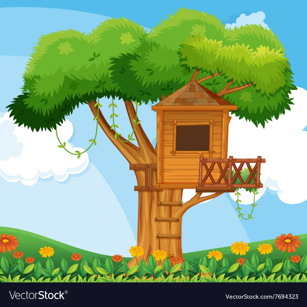 Nature scene with treehouse in the garden Vector Image