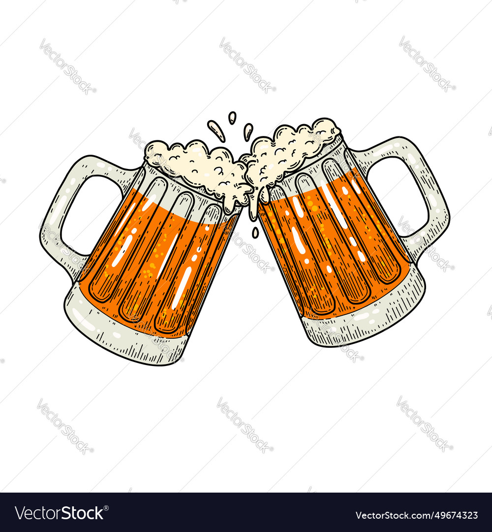 Two toasting beer mugs vintage Royalty Free Vector Image