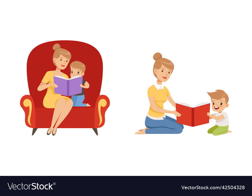 Cute Little Boy And Mother Sitting And Reading Vector Image