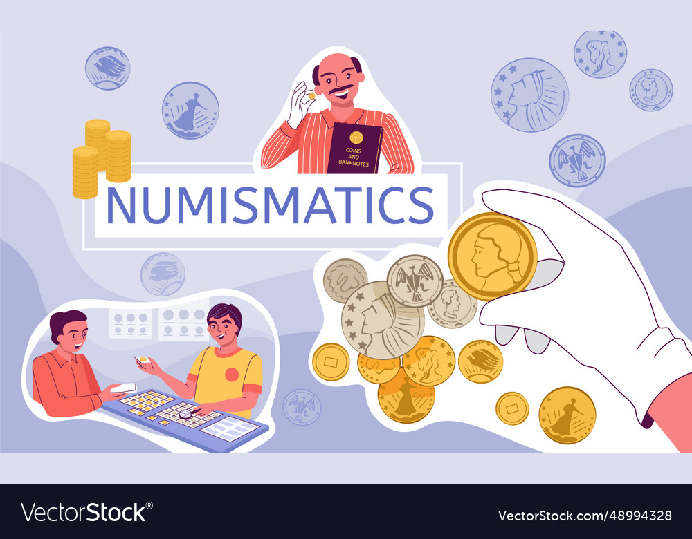 Numismatics coins flat collage Royalty Free Vector Image