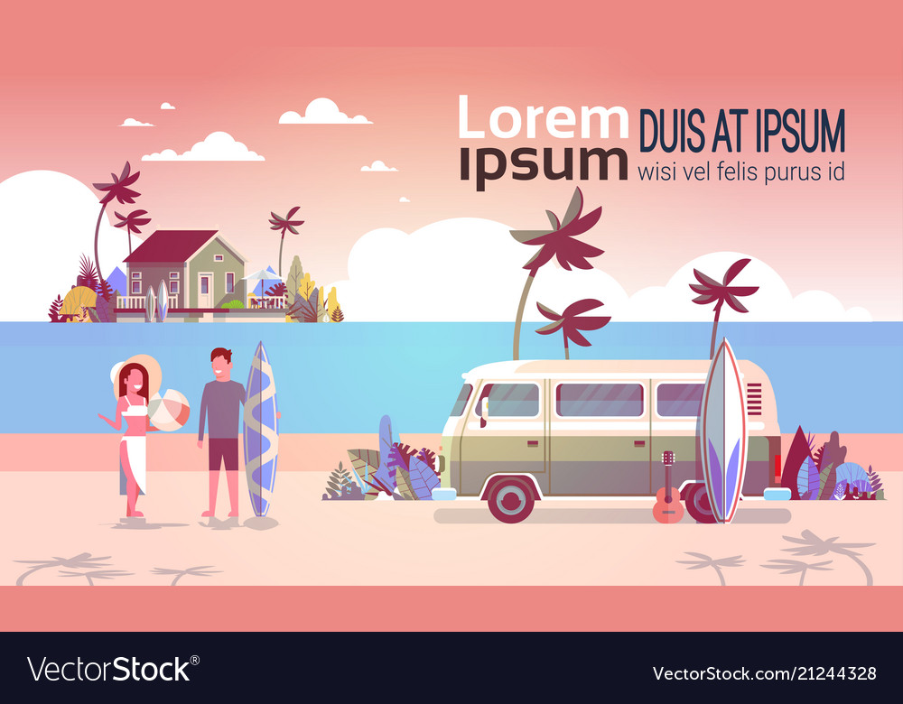 Summer vacation man woman surf bus sunset tropical