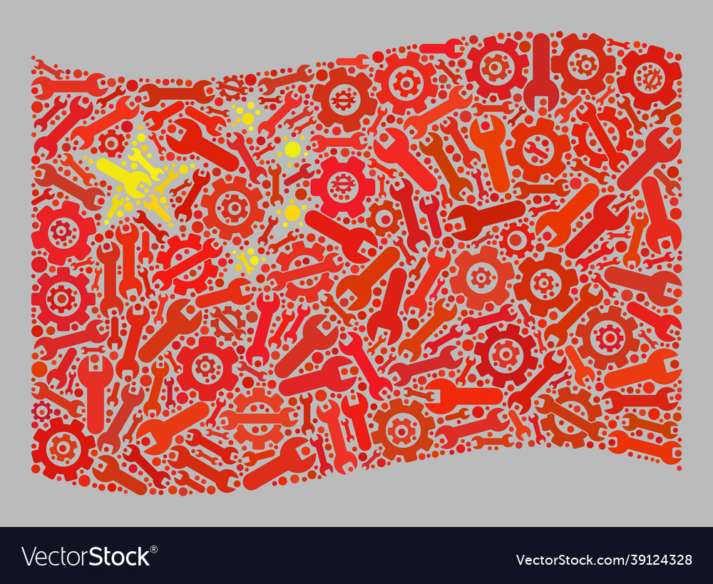 Waving service china flag - collage with cog