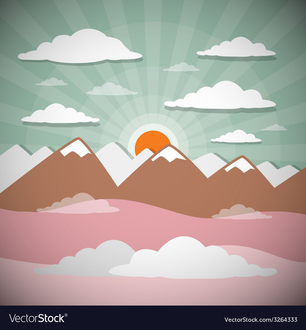 Retro flat design nature landscape with sun hills Vector Image