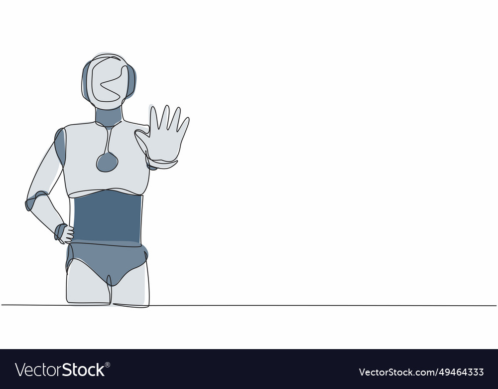 Single one line drawing robot standing with palm