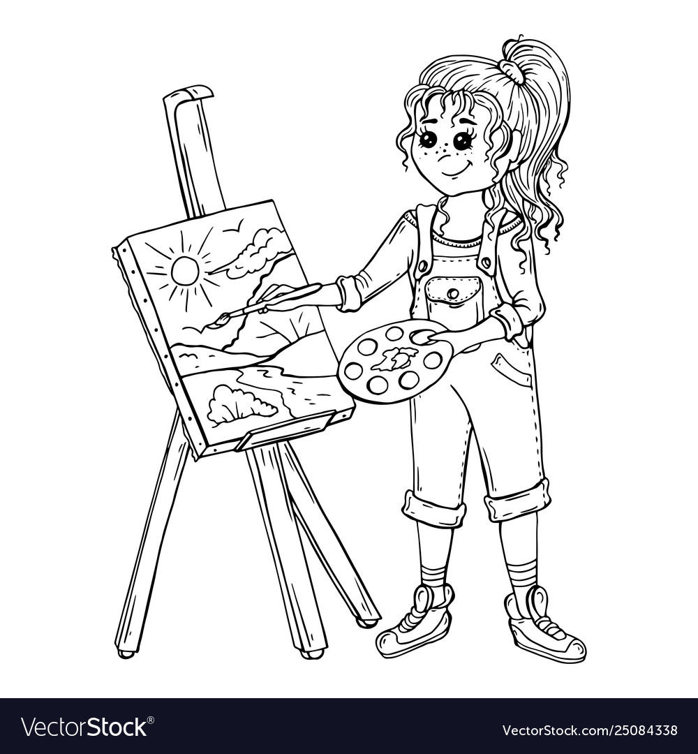 Artist girl painting on canvas Royalty Free Vector Image