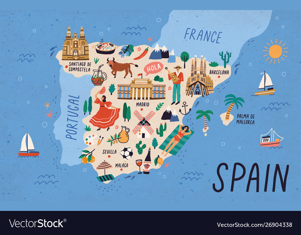 Spain Tourist Map Get Latest Map Update   Map Spain With Touristic Landmarks Or Sights Vector 26904338 