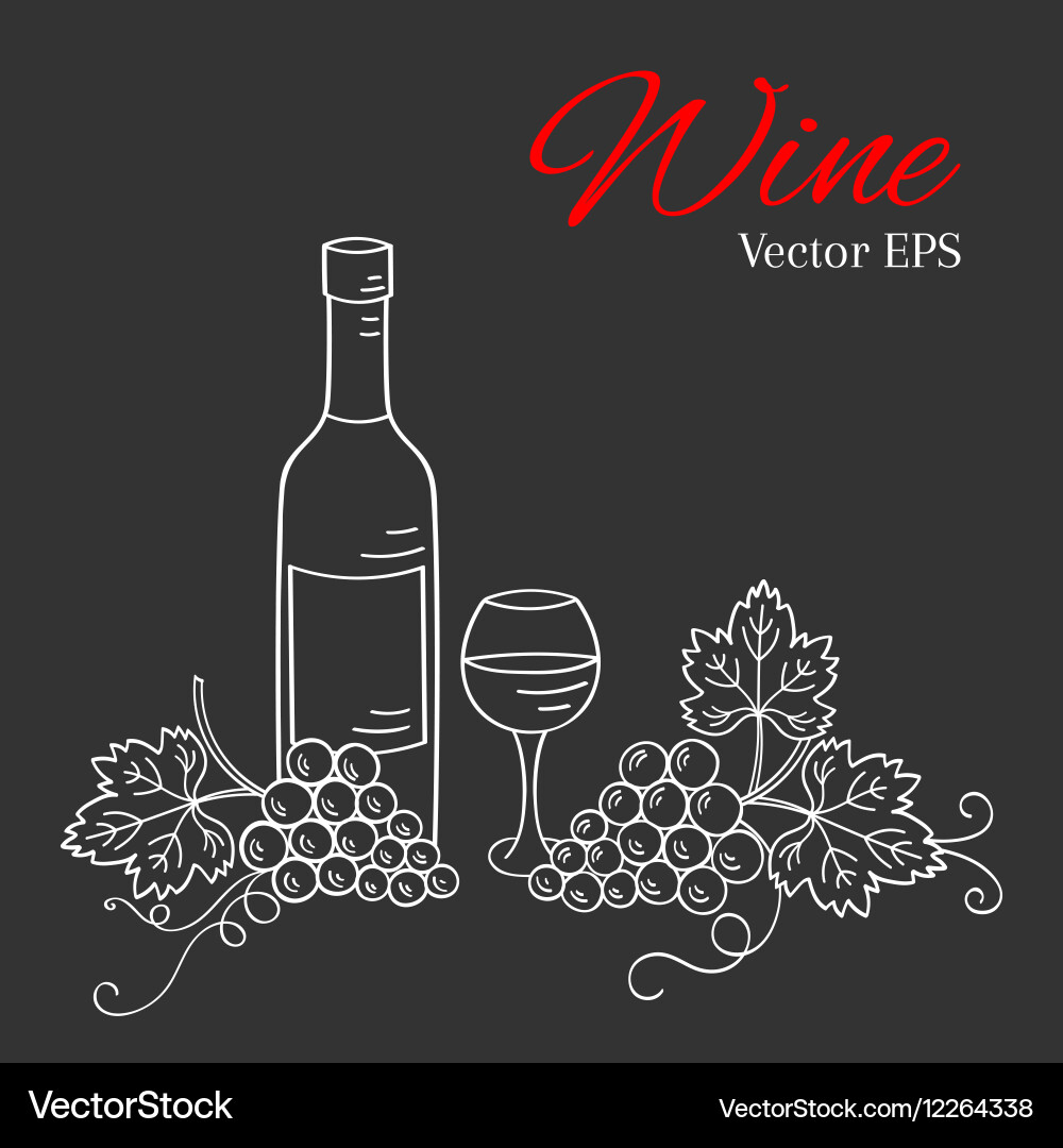 Wine bottle glass and grapes Royalty Free Vector Image