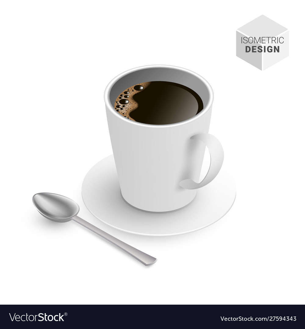 Isometric black coffee cup with spoon and saucer