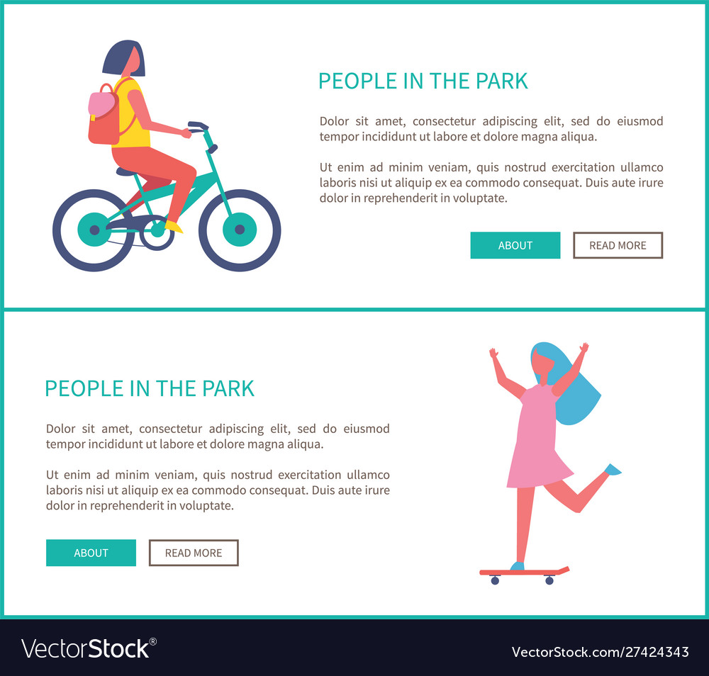 People In Park Girl Ride Bike Woman Skateboarding Vector Image
