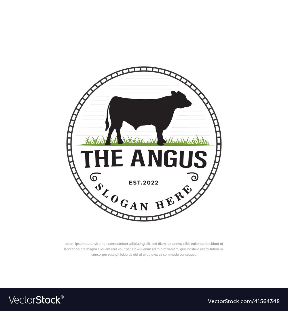 Black angus cow animal logo on grass vintage