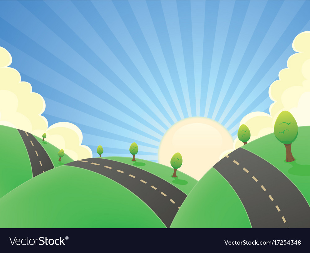 Cartoon landscape road in summer Royalty Free Vector Image