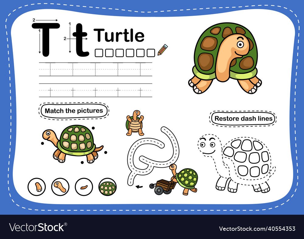 Alphabet letter t-turtle exercise with cartoon Vector Image