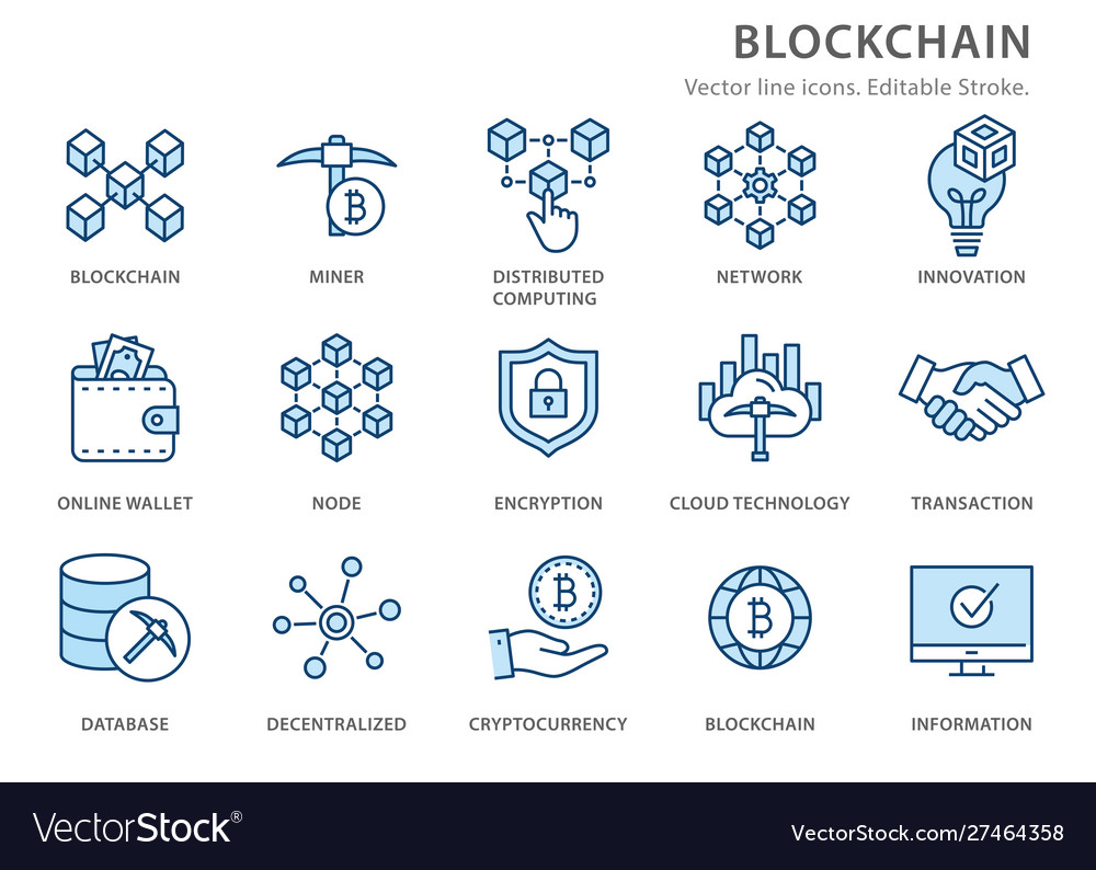 Blockchain flat line icon set Royalty Free Vector Image
