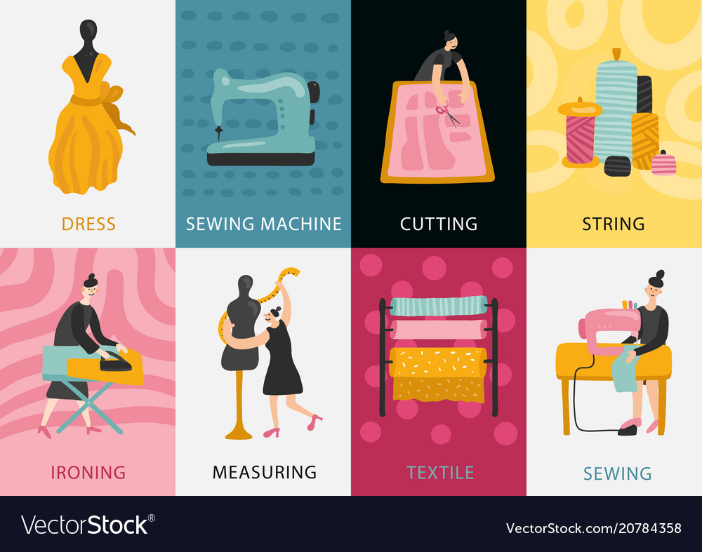 Garment factory flat cards vector image Garment factory flat cards