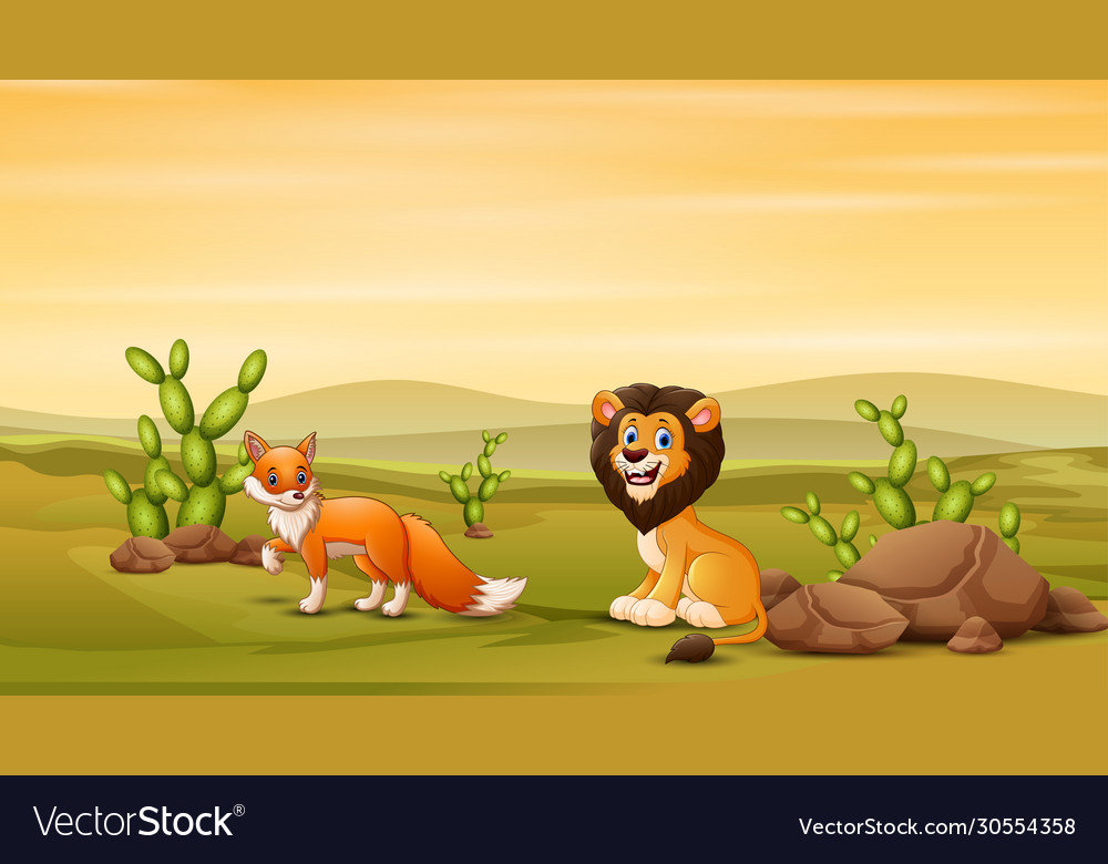 Lion and fox at savanna