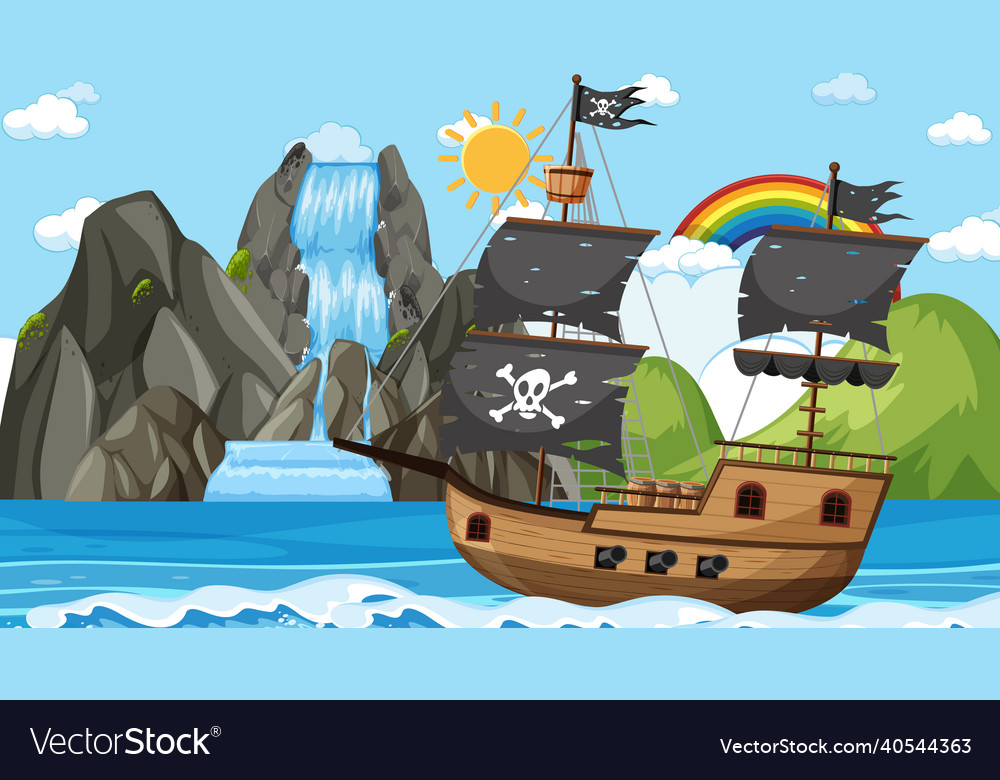 Ocean with pirate ship at day time scene