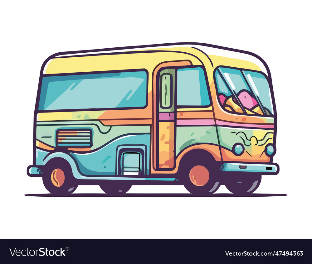 Yellow tour bus journey on flat icon