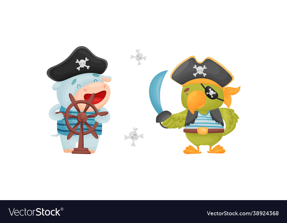 Cute little animals pirates set funny parrot