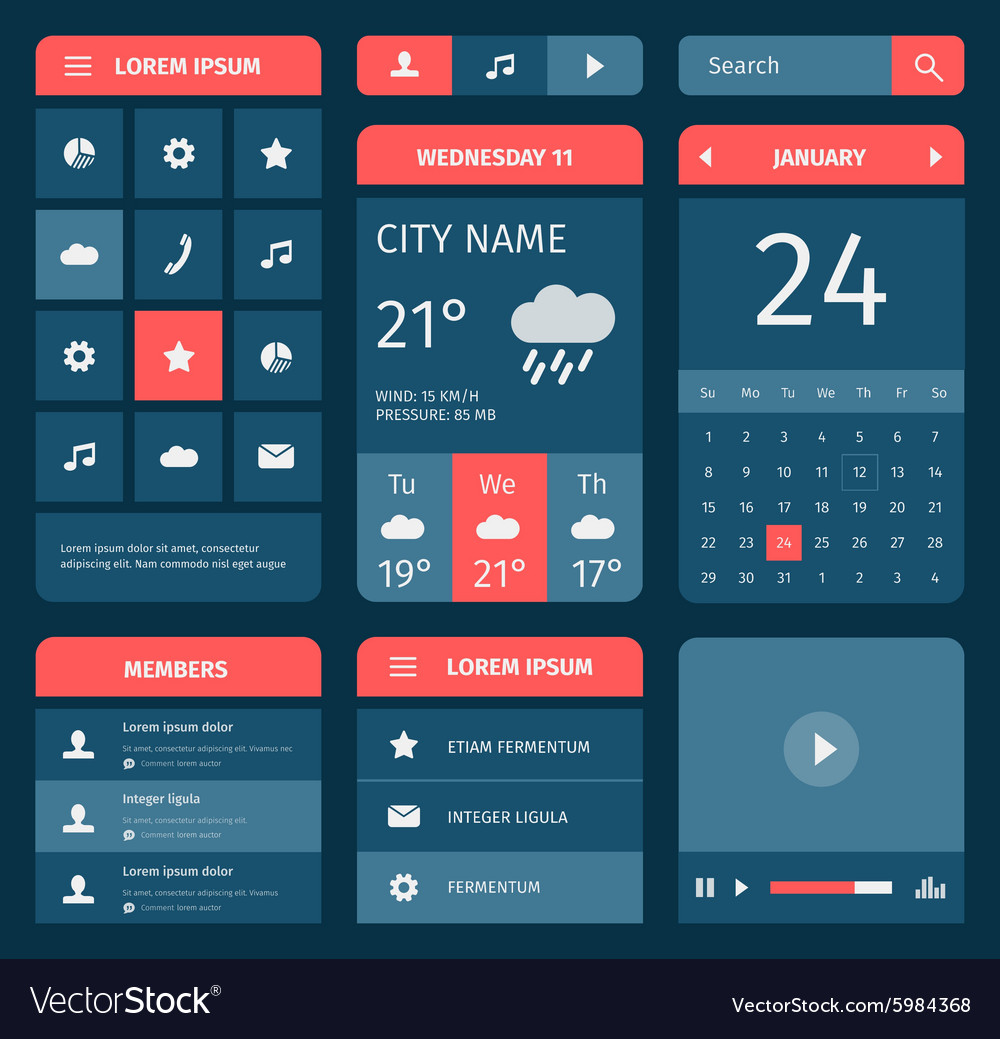 Red and blue set mobile interface elements Vector Image