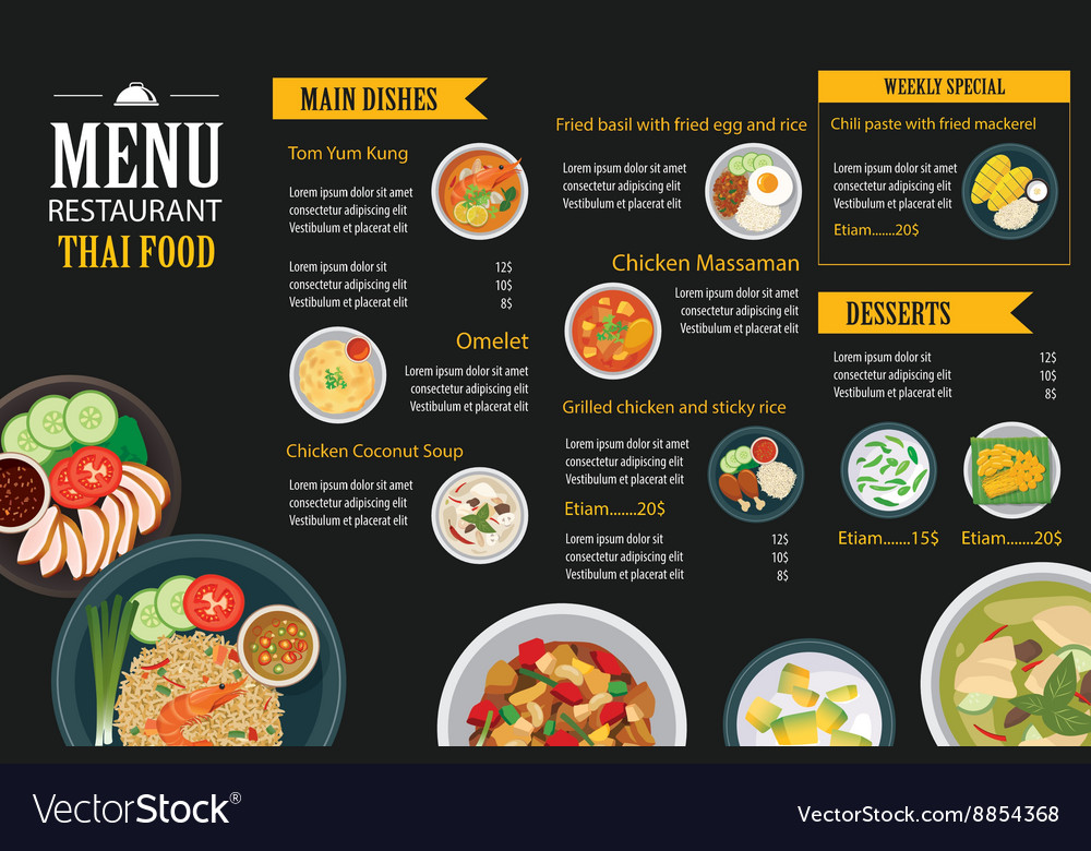 Thai Food Restaurant Menu Template Flat Design Vector Image