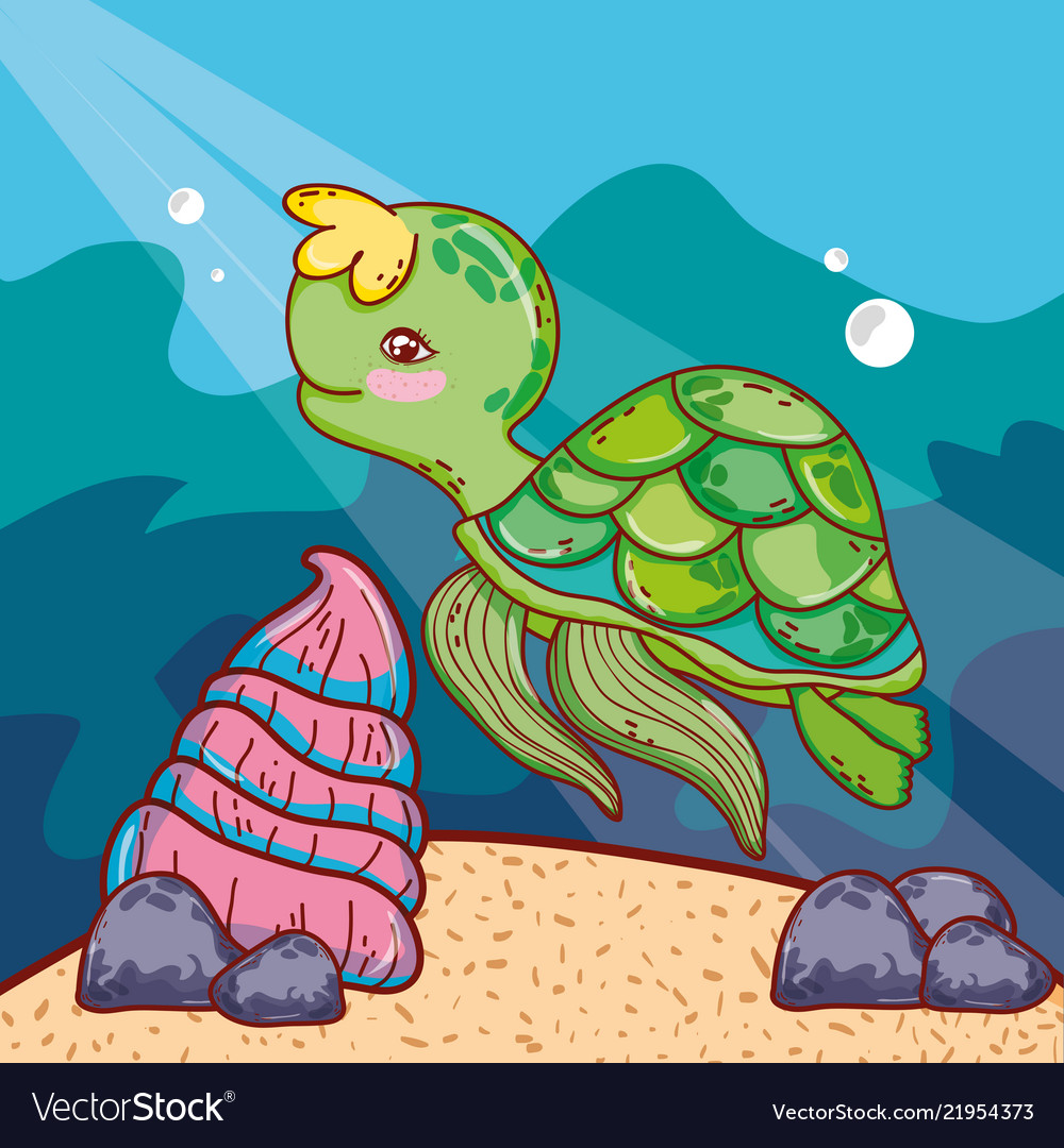 Cute turtle animal with shell in the sea Vector Image