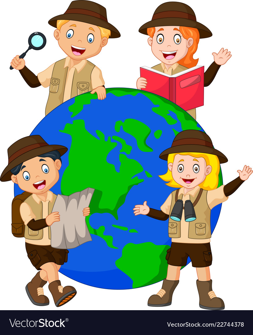 Cute family explorer around a globe