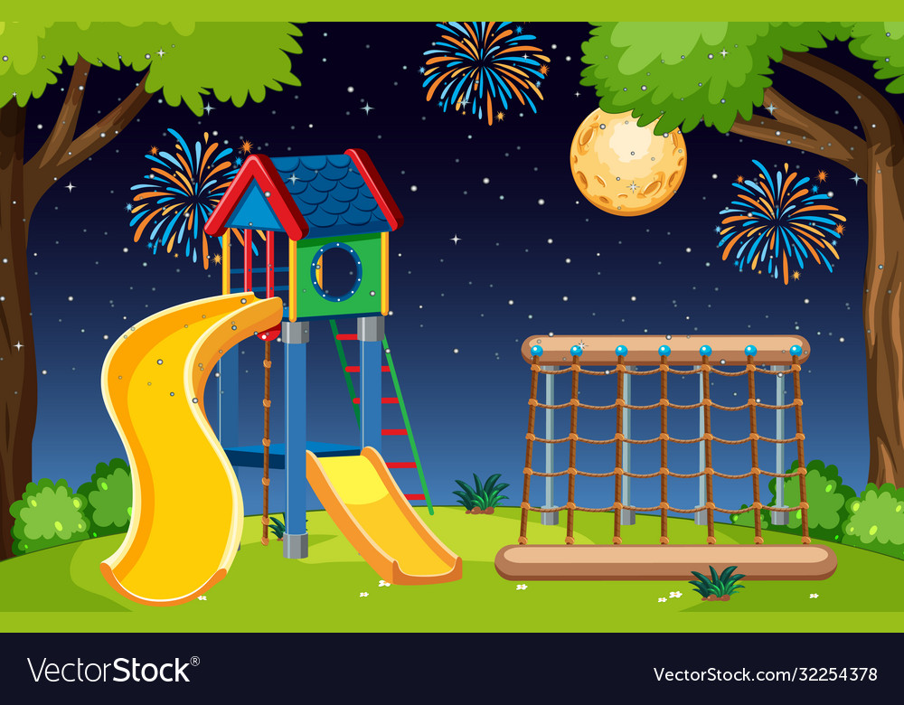 Kids playground in park with big moon